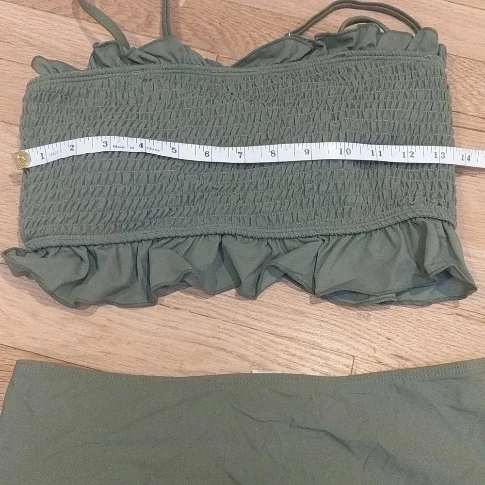 Ruched Shirred Bandeau Olive Green Bikini Medium